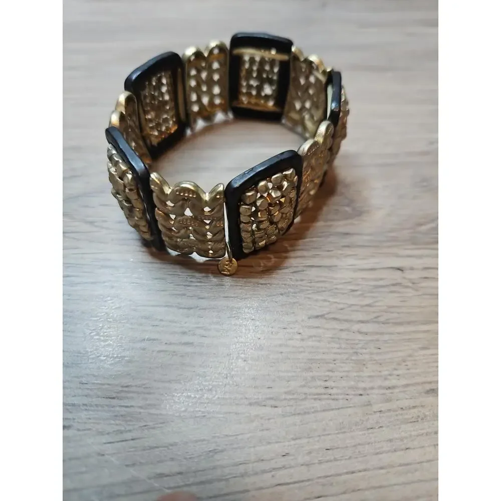 Roxanne Assoulin Gold Tone & Black Stretch Bangle Bracelet